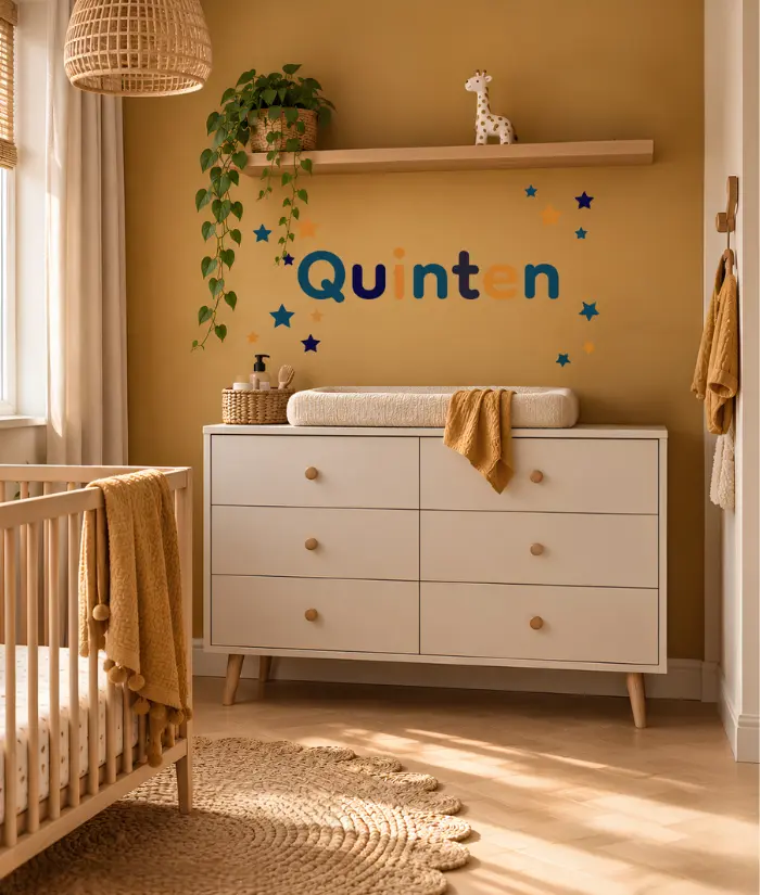 Okergele babykamer met naamletters